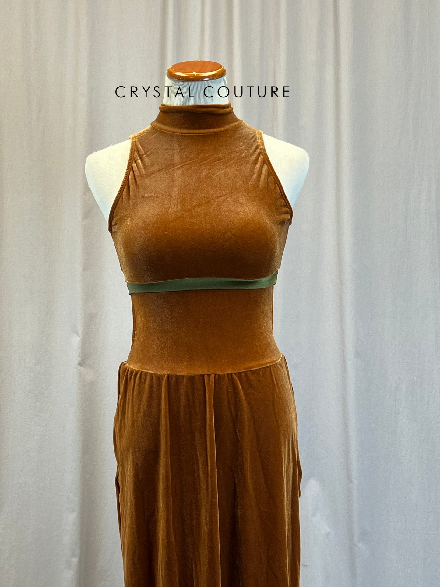 Brown Velour Long Dress Over Green Mesh Leggings
