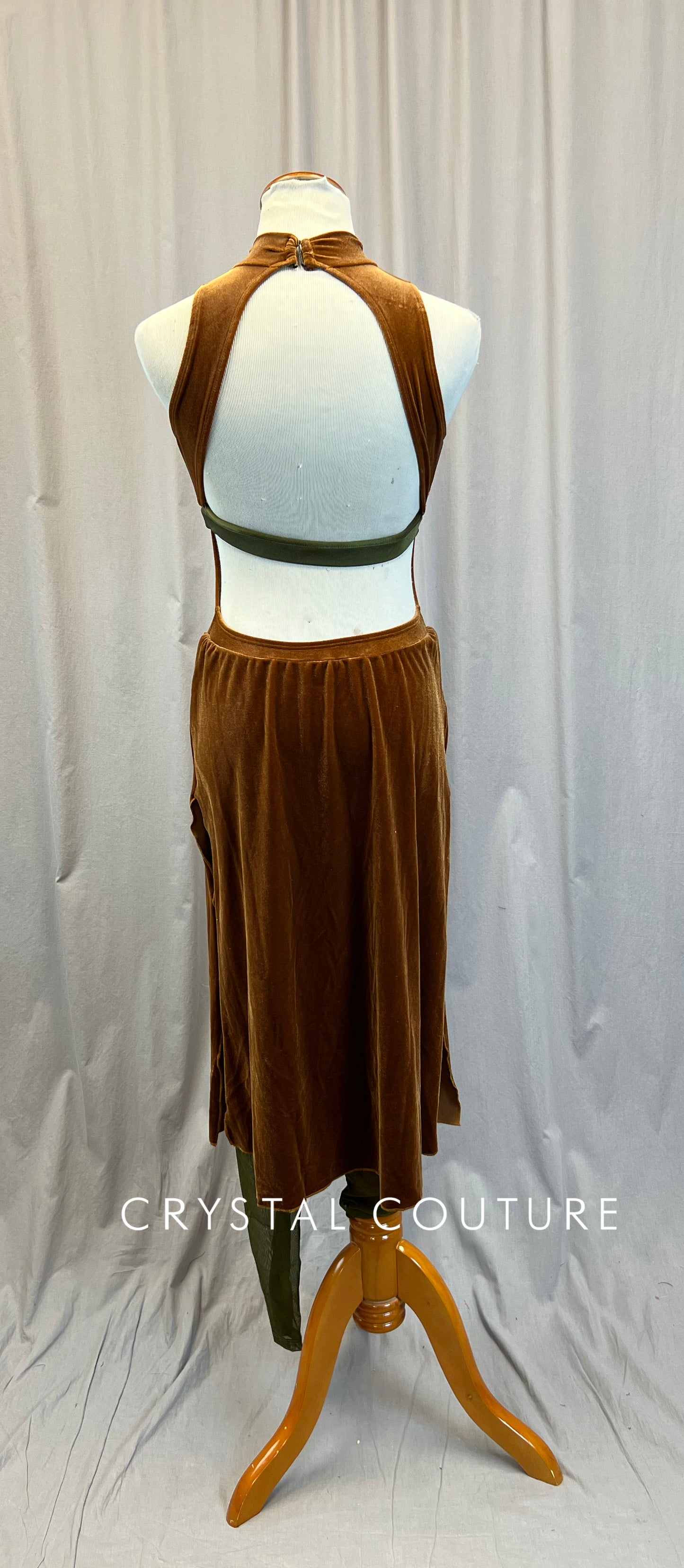 Brown Velour Long Dress Over Green Mesh Leggings