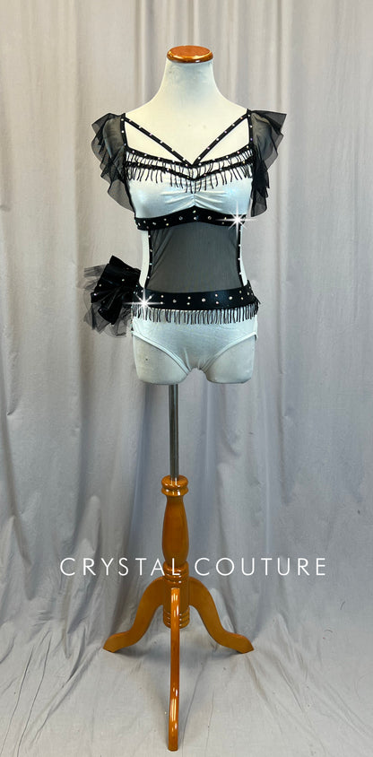 Silver and Black Mesh Strappy Leotard - Rhinestones