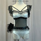 Silver and Black Mesh Strappy Leotard - Rhinestones