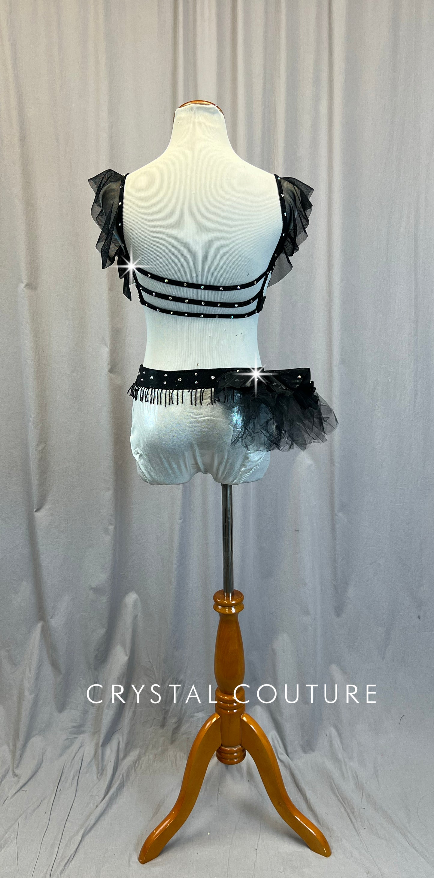 Silver and Black Mesh Strappy Leotard - Rhinestones