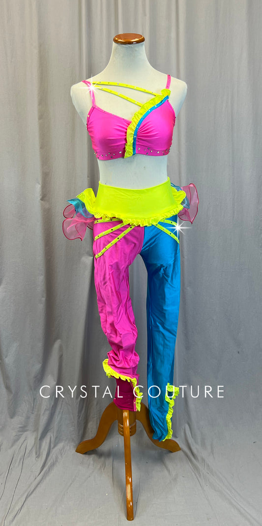 Neon Pink, Yellow and Aqua Blue Pants and Bra Top Two-Piece Set -Rhinestones