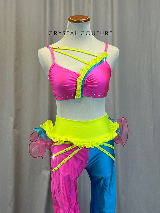 Neon Pink, Yellow and Aqua Blue Pants and Bra Top Two-Piece Set -Rhinestones