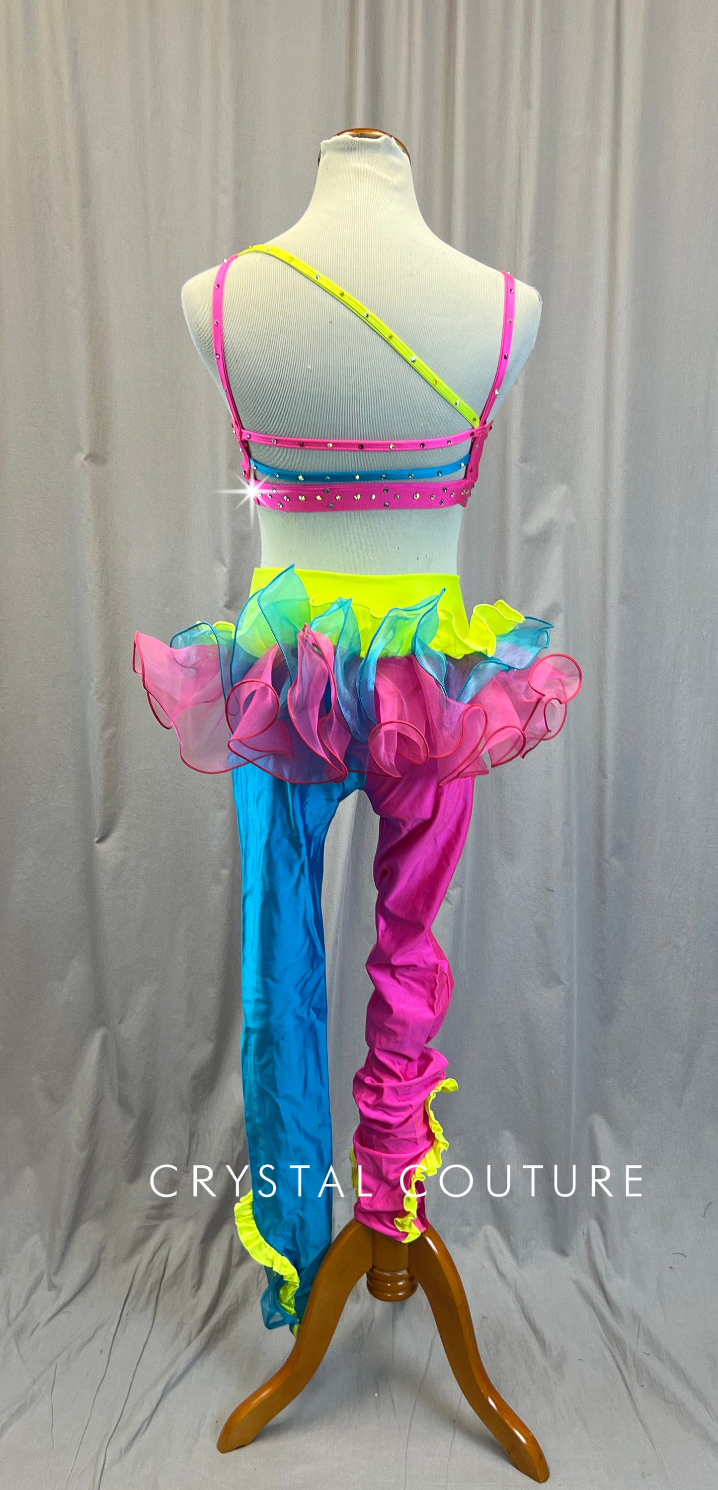Neon Pink, Yellow and Aqua Blue Pants and Bra Top Two-Piece Set -Rhinestones