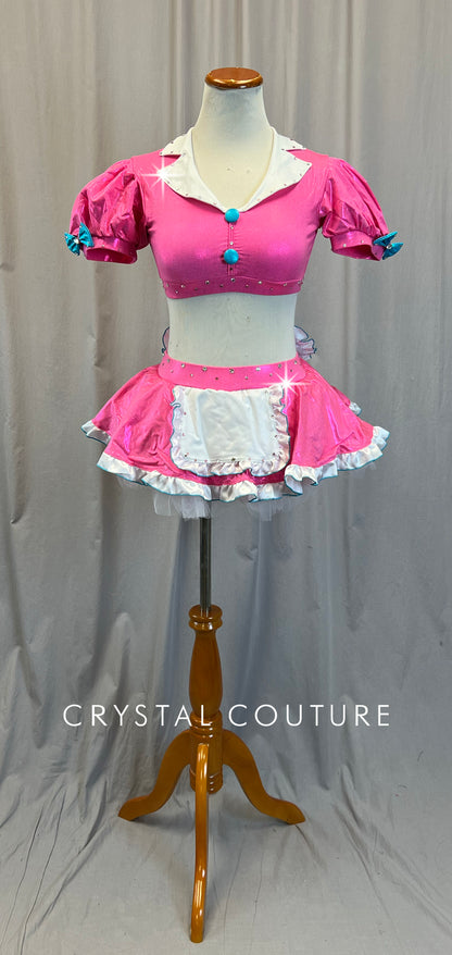 Pink Puff Sleeve Bra Top and Tutu Skirt Two-Piece Set - Rhinestones