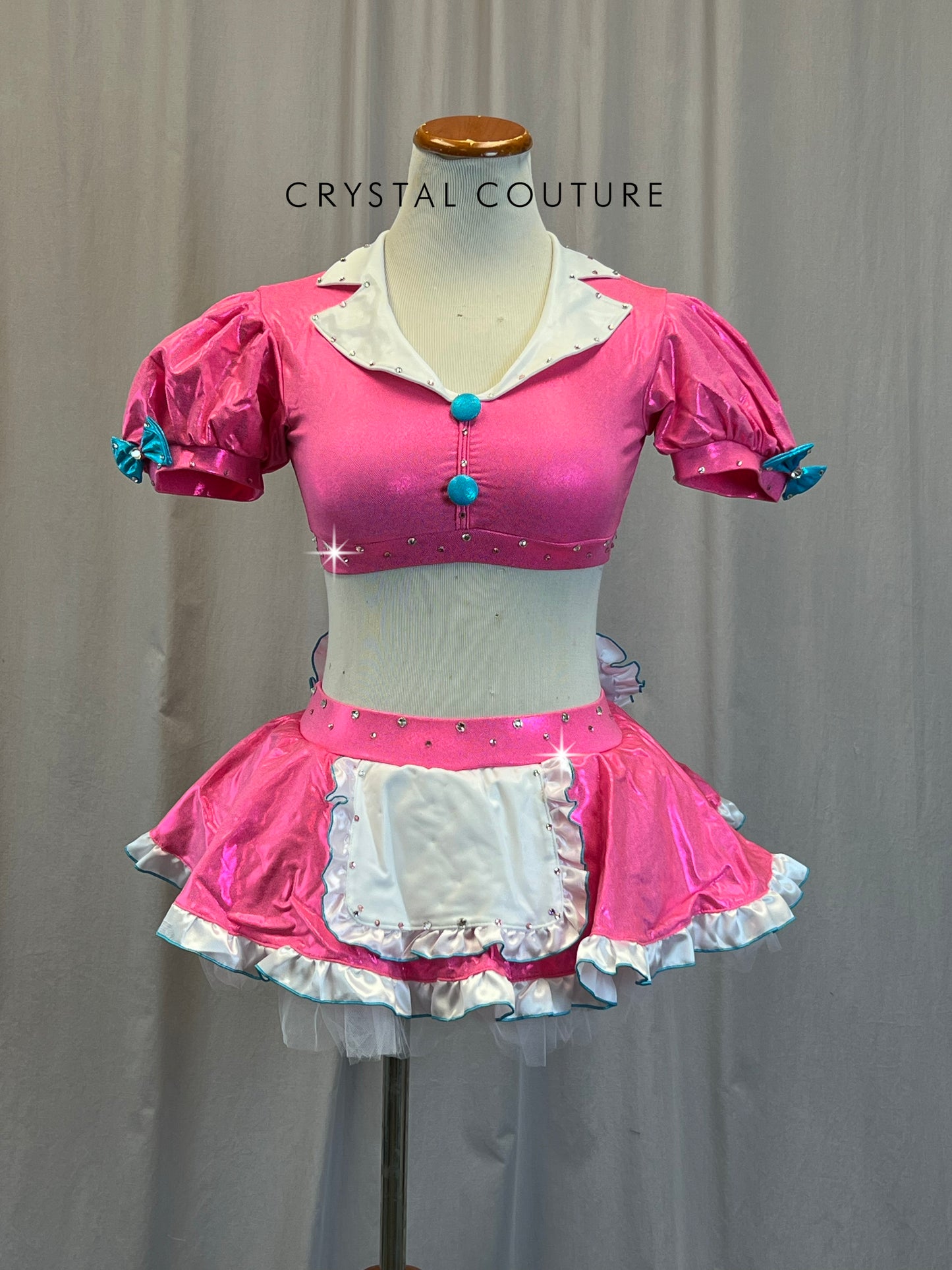Pink Puff Sleeve Bra Top and Tutu Skirt Two-Piece Set - Rhinestones