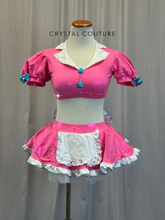 Pink Puff Sleeve Bra Top and Tutu Skirt Two-Piece Set - Rhinestones