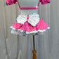 Pink Puff Sleeve Bra Top and Tutu Skirt Two-Piece Set - Rhinestones