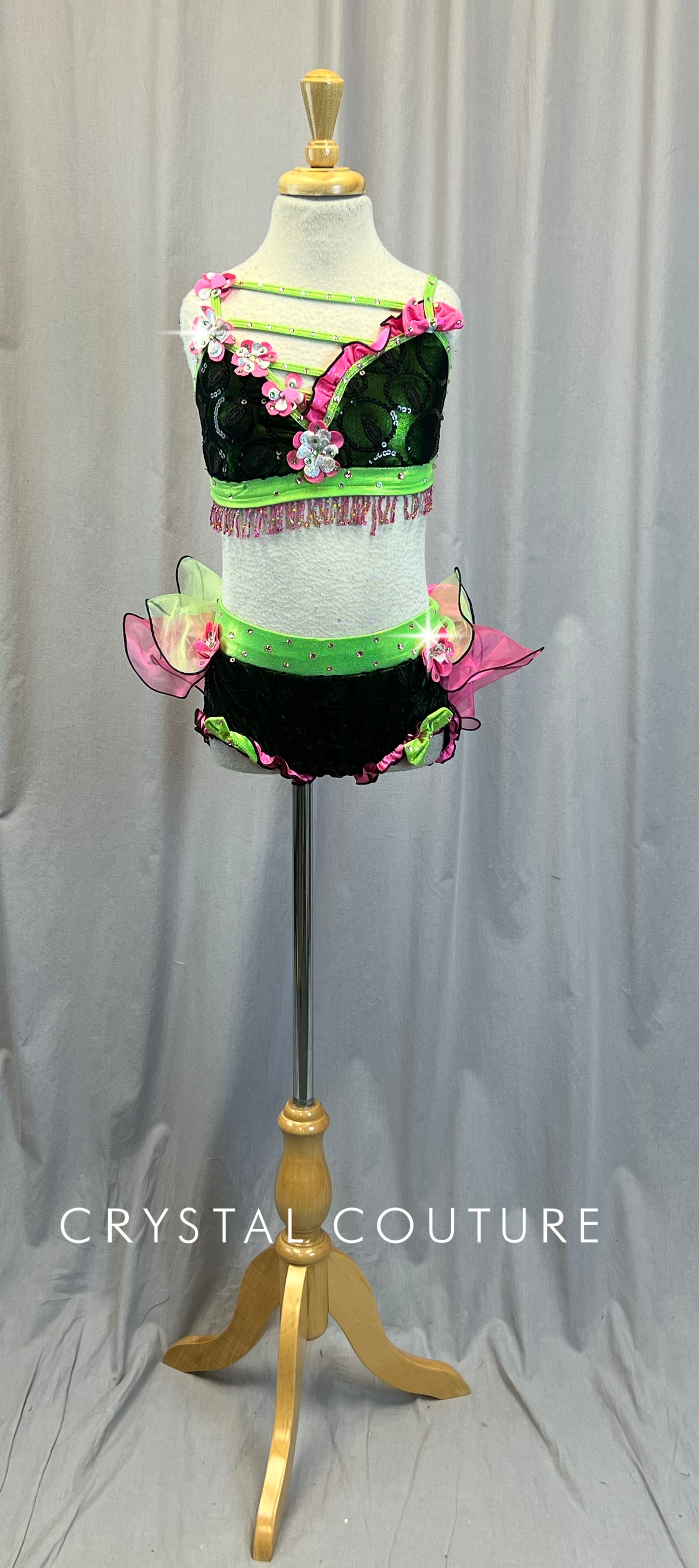 Pink, Green, and Black with Beaded and Floral Accents Two-Piece.