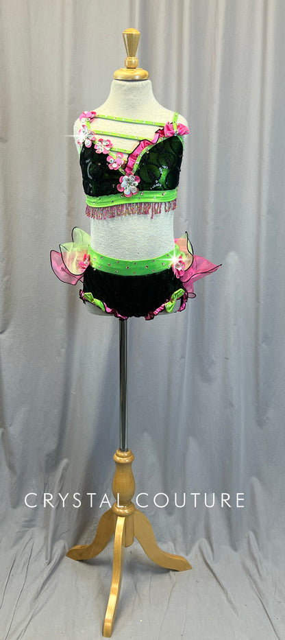 Pink, Green, and Black with Beaded and Floral Accents Two-Piece.