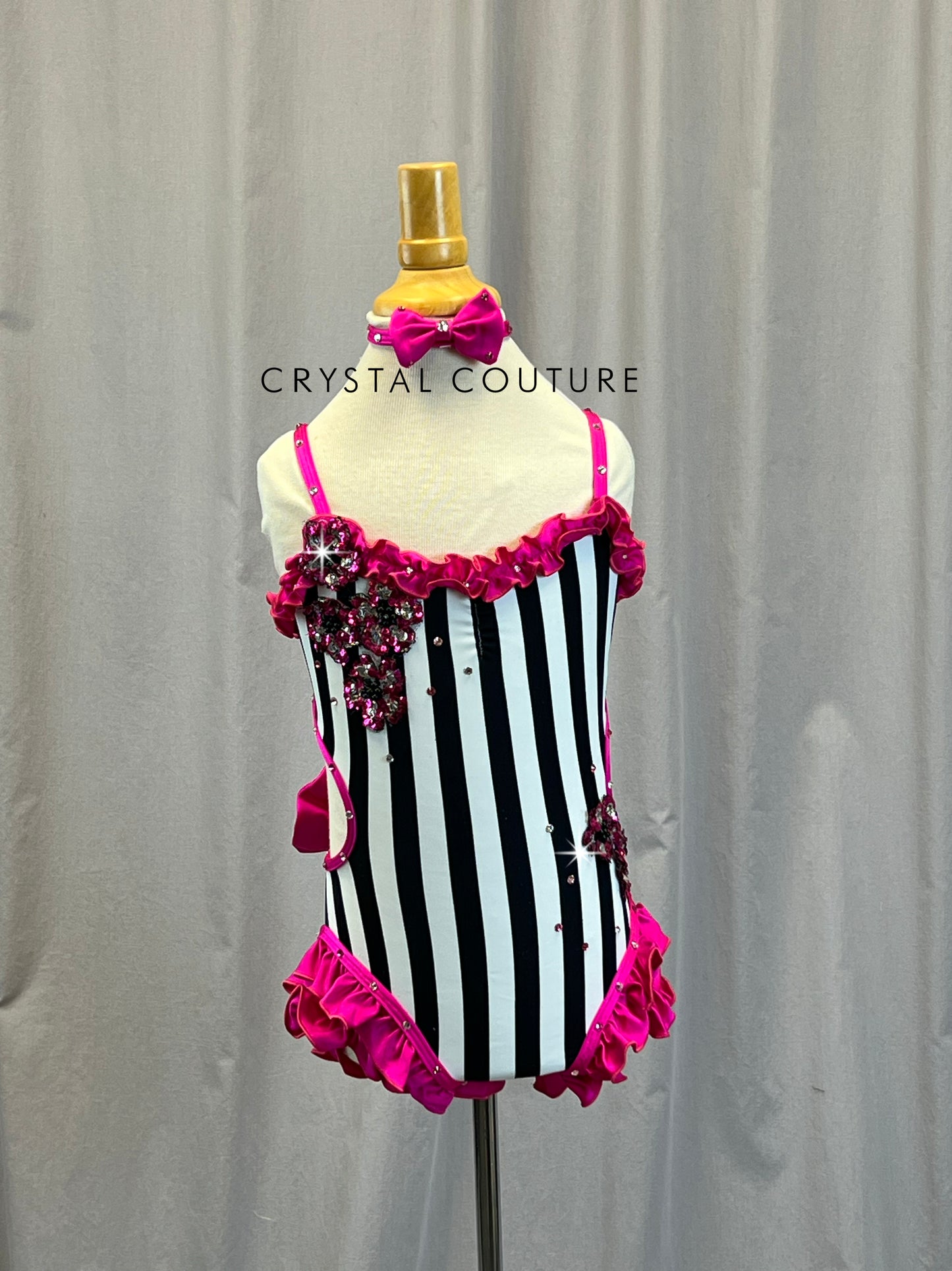 Black and White Striped Leo with Pink Accents -Rhinestones