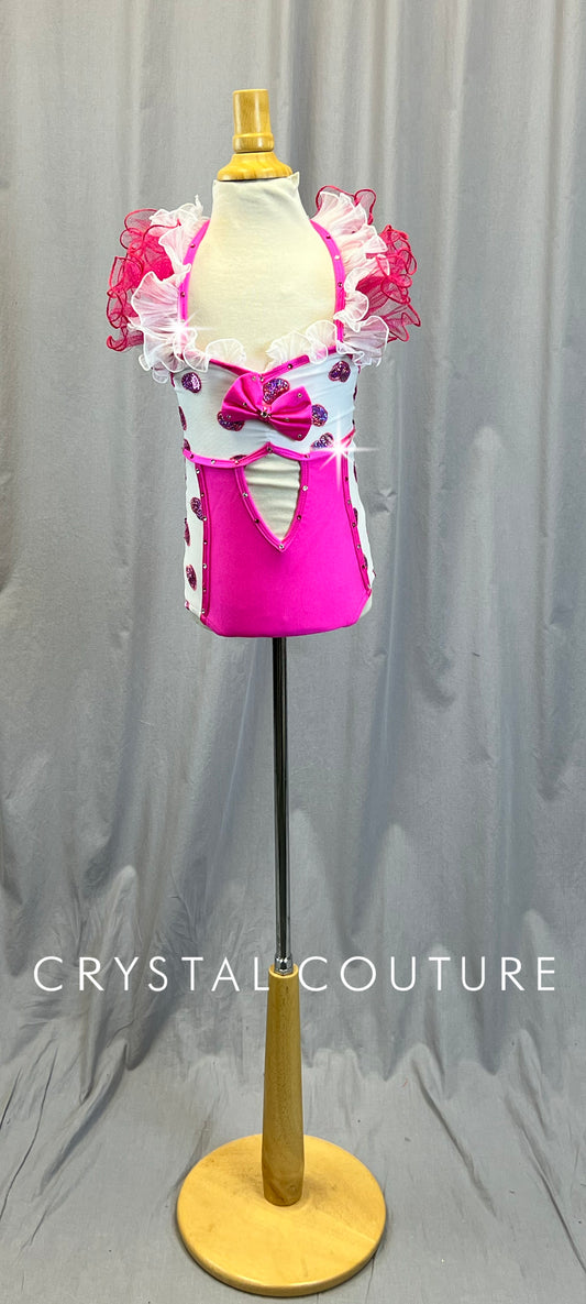 White and Hot Pink Sequined Hearts Leotard - Rhinestones