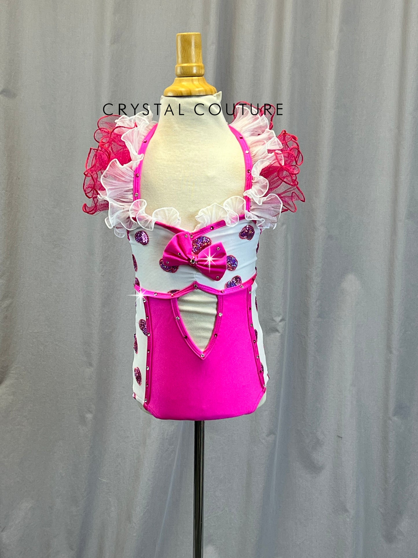 White and Hot Pink Sequined Hearts Leotard - Rhinestones