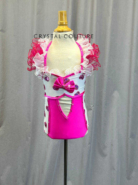 White and Hot Pink Sequined Hearts Leotard - Rhinestones
