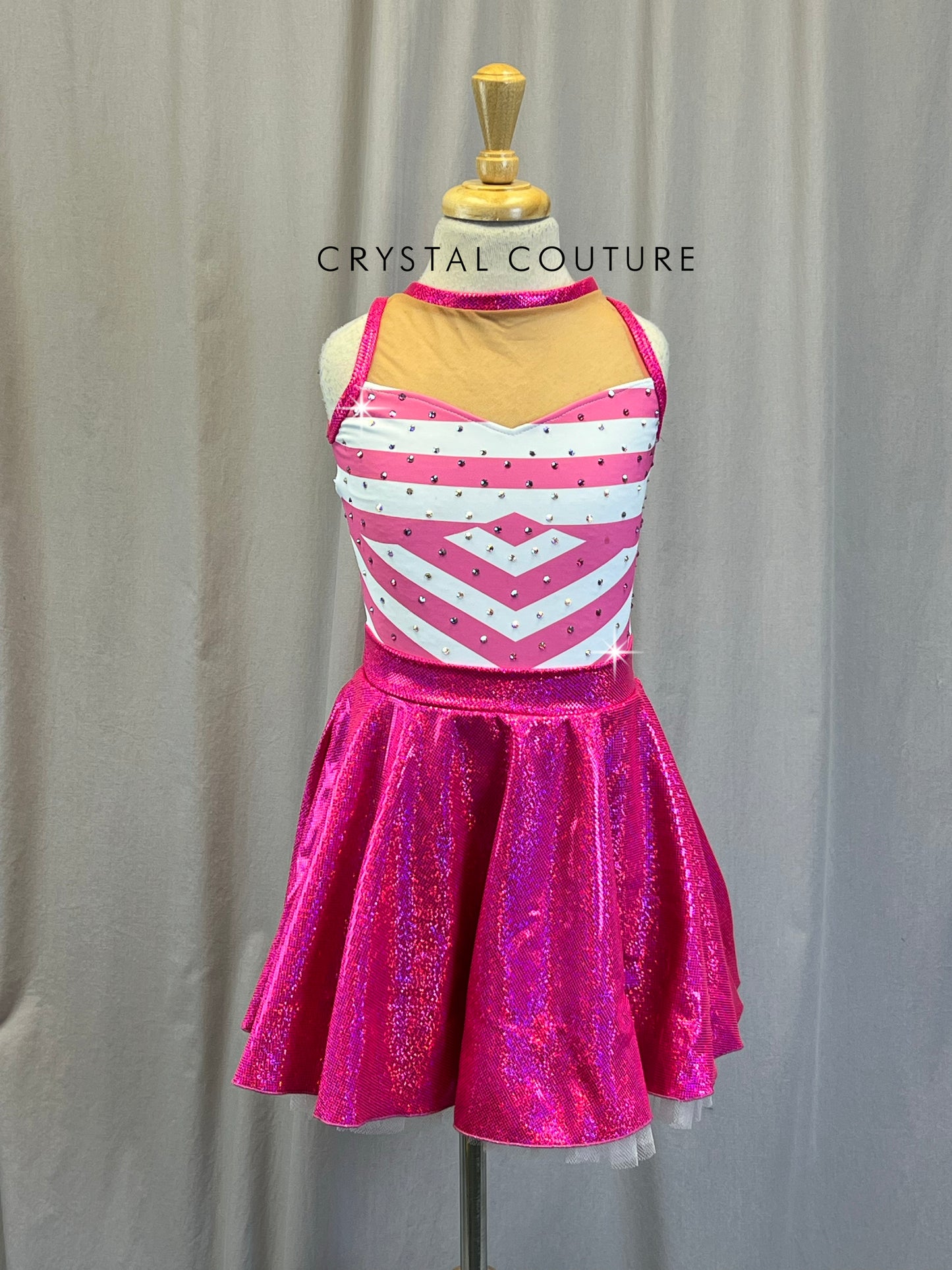 Pink and White Circle Skirt Dress - Rhinestones