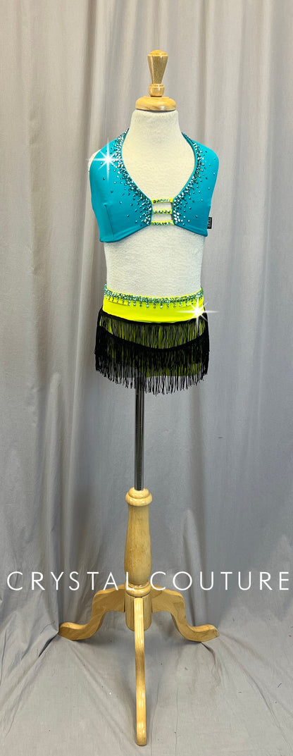 Teal and Lime Halter Top and Fringe Skirt Two Piece Set - Rhinestones