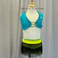 Teal and Lime Halter Top and Fringe Skirt Two Piece Set - Rhinestones