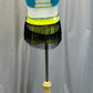 Teal and Lime Halter Top and Fringe Skirt Two Piece Set - Rhinestones