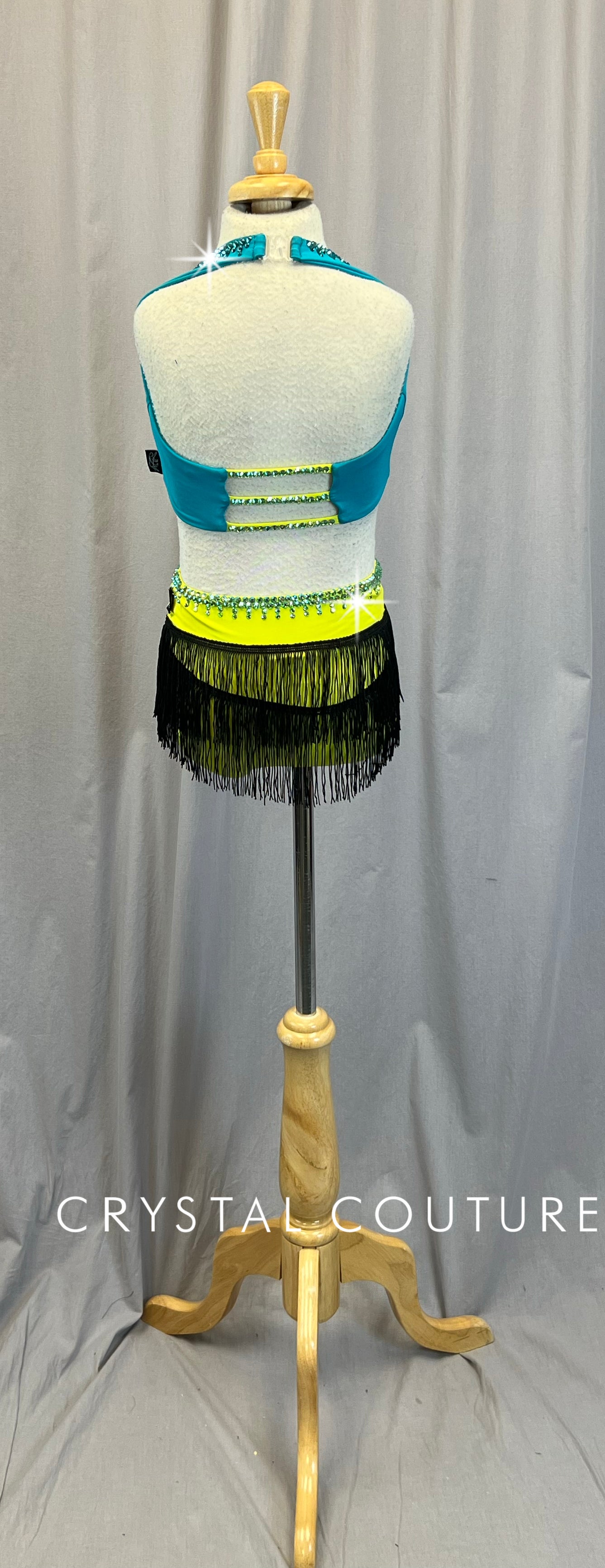 Teal and Lime Halter Top and Fringe Skirt Two Piece Set - Rhinestones