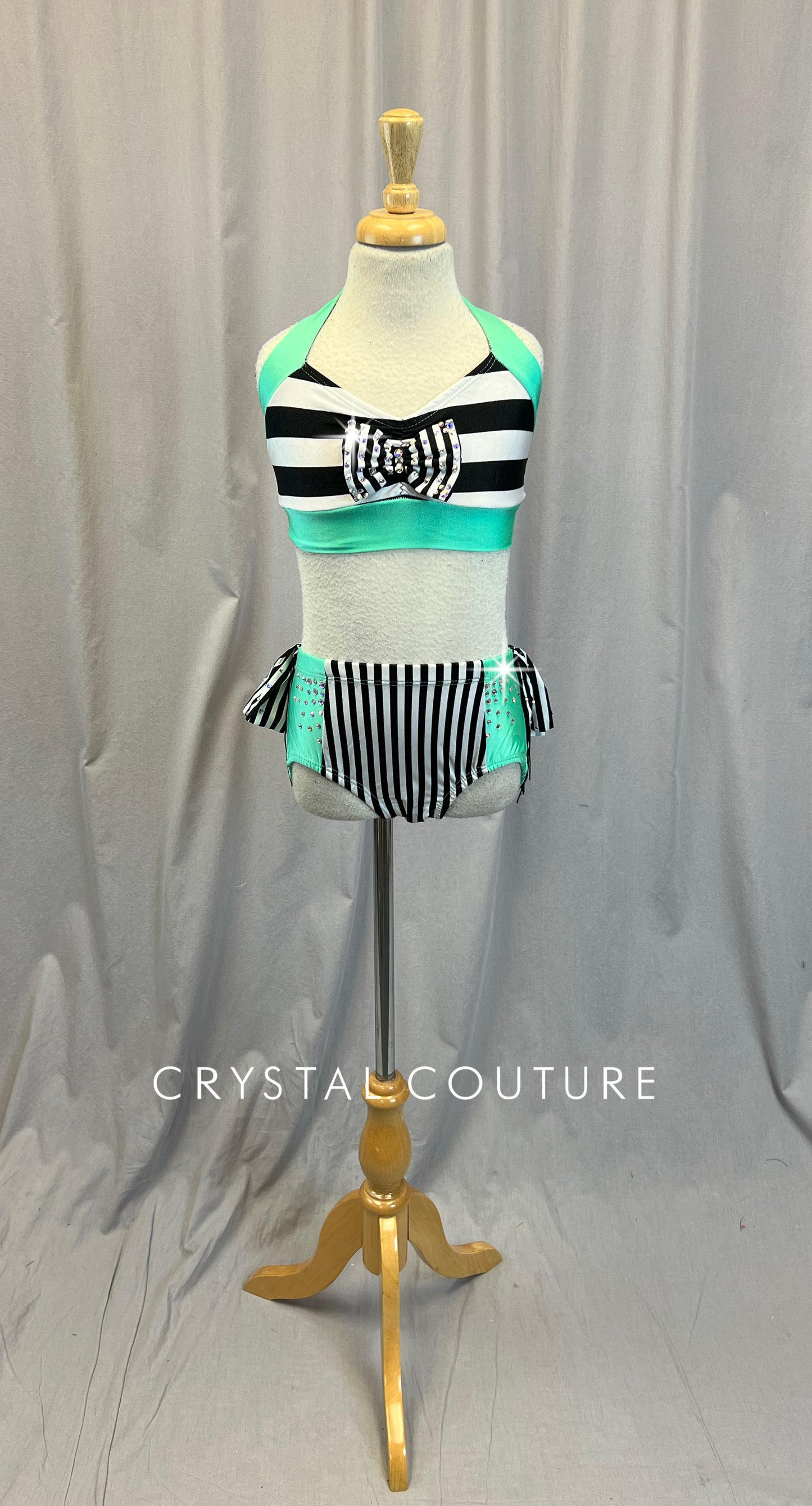 Mint, Black and White Striped Two-Piece Set - Rhinestones