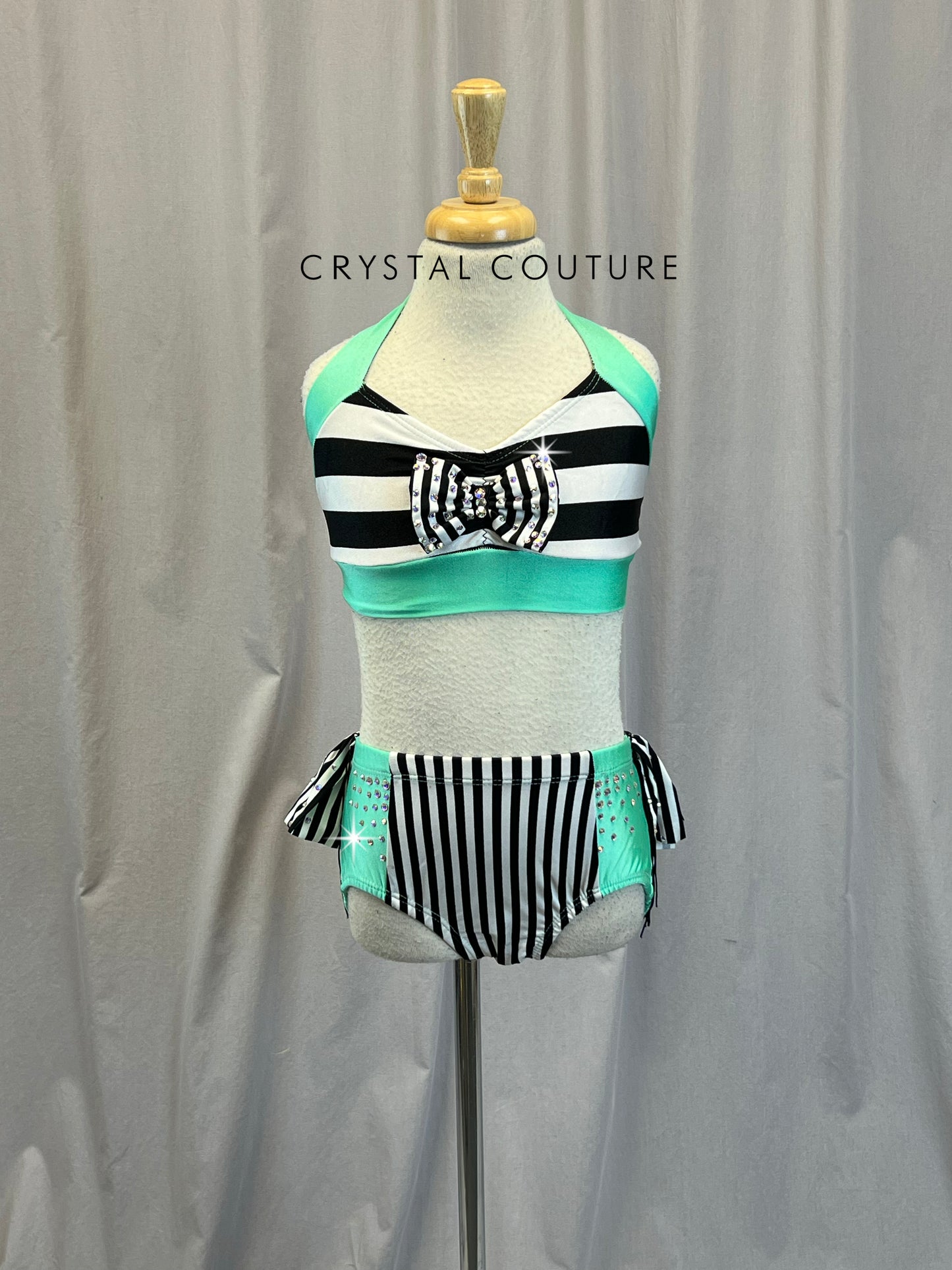 Mint, Black and White Striped Two-Piece Set - Rhinestones