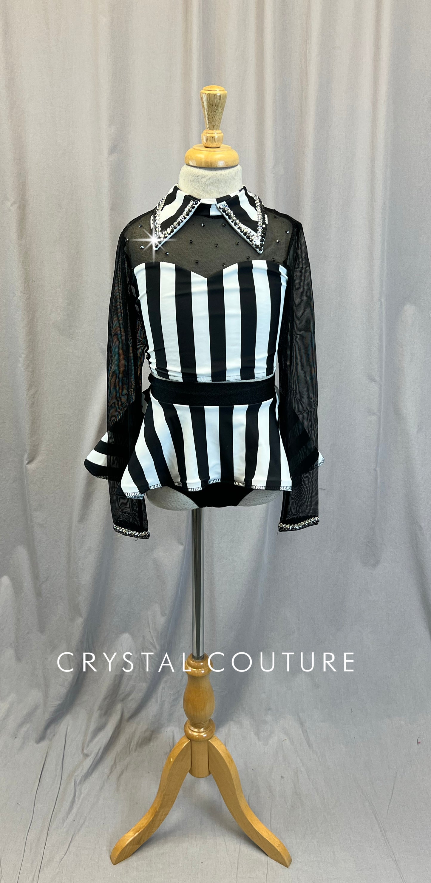 Black and White Striped Long Sleeve Crop Top and Skirt Three Piece Set - Rhinestones