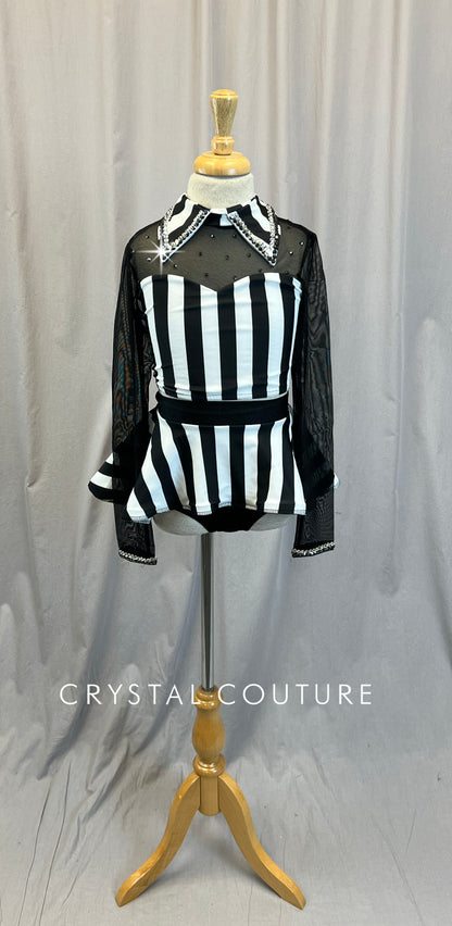 Black and White Striped Long Sleeve Crop Top and Skirt Three Piece Set - Rhinestones