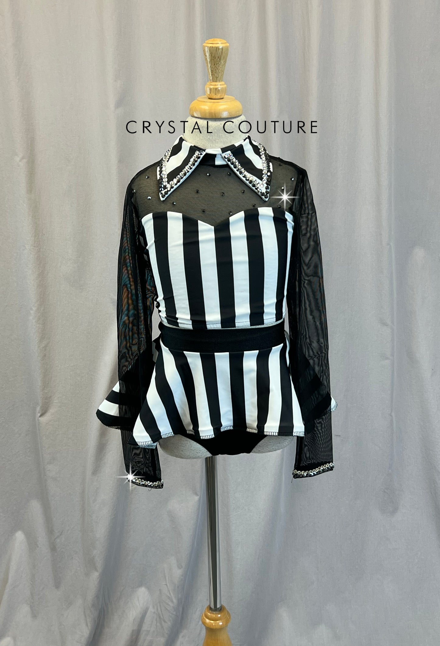 Black and White Striped Long Sleeve Crop Top and Skirt Three Piece Set - Rhinestones