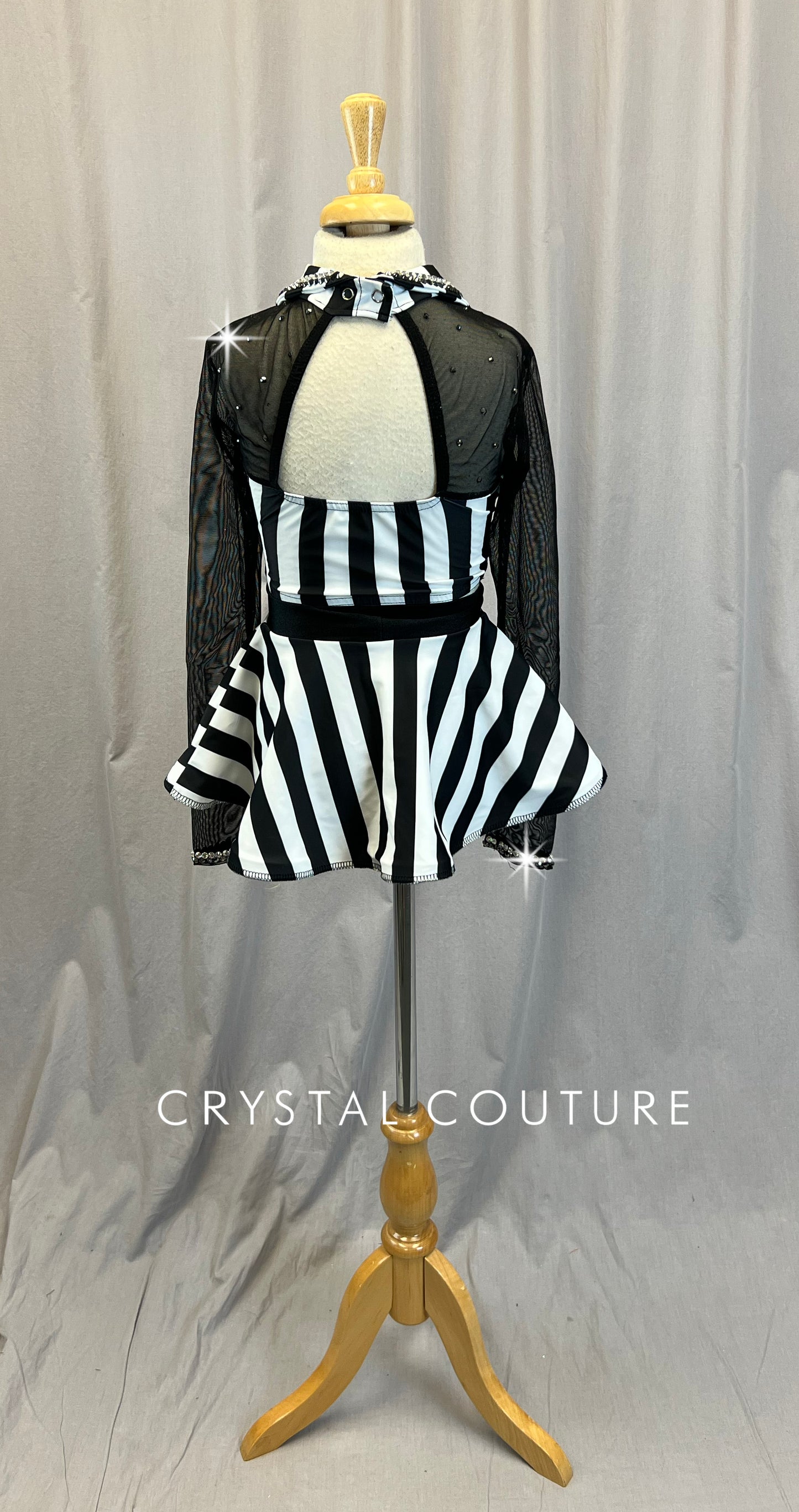 Black and White Striped Long Sleeve Crop Top and Skirt Three Piece Set - Rhinestones
