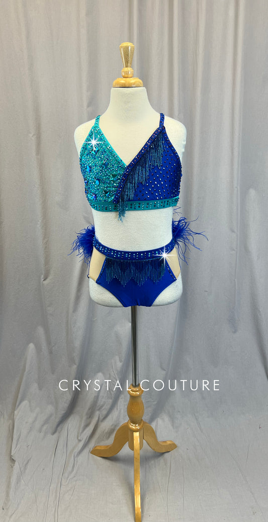 Blue + Teal Strappy Feather Leotard - Rhinestones