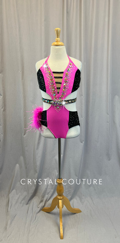 Pink and Black Gemstone Belt Leotard - Rhinestones