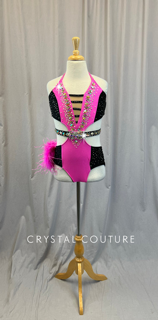 Pink and Black Gemstone Belt Leotard - Rhinestones