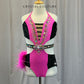 Pink and Black Gemstone Belt Leotard - Rhinestones