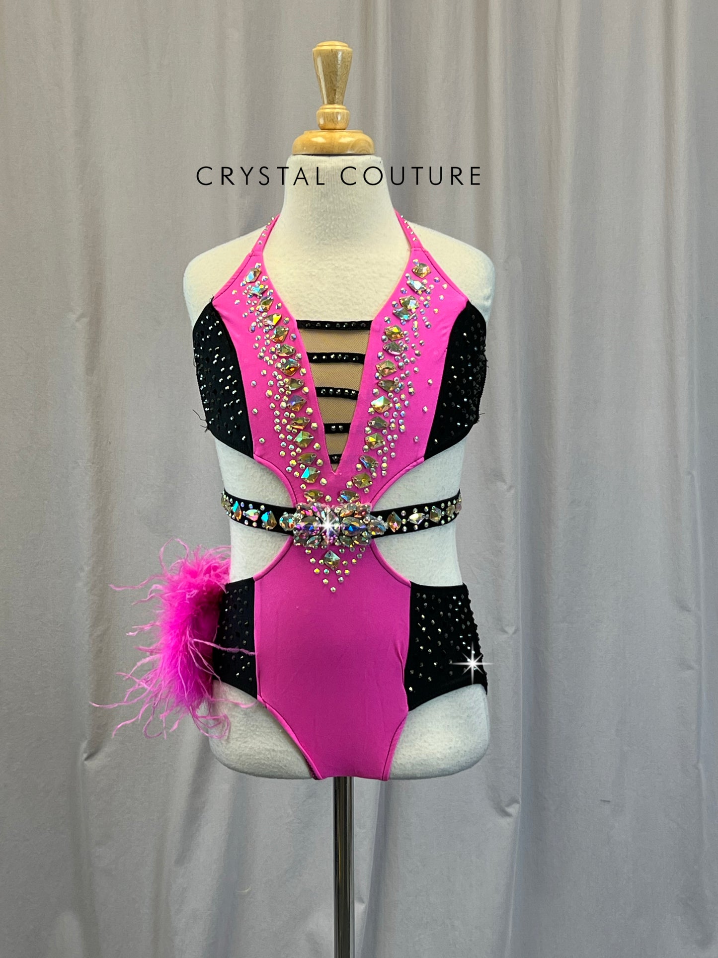 Pink and Black Gemstone Belt Leotard - Rhinestones
