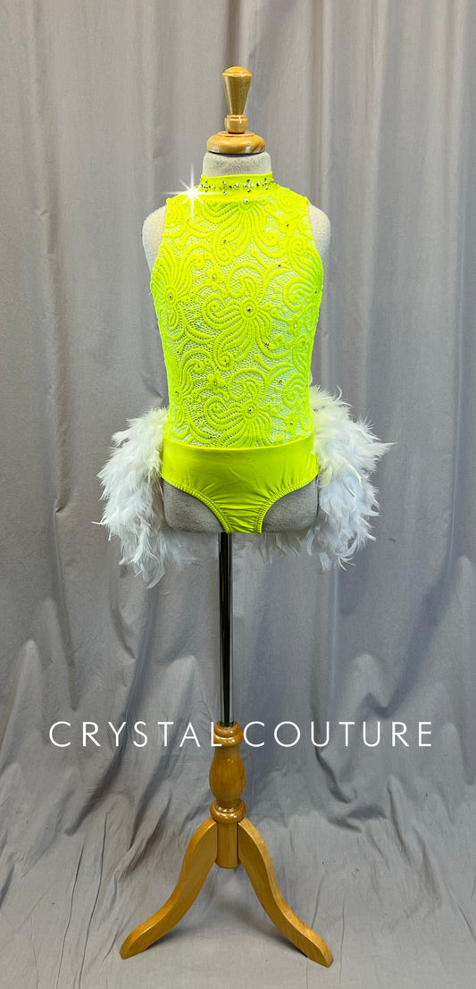 Yellow Leotard with White Feather Bustle - Rhinestones