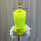 Yellow Leotard with White Feather Bustle - Rhinestones