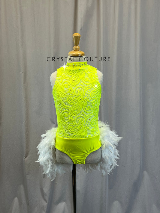 Yellow Leotard with White Feather Bustle - Rhinestones