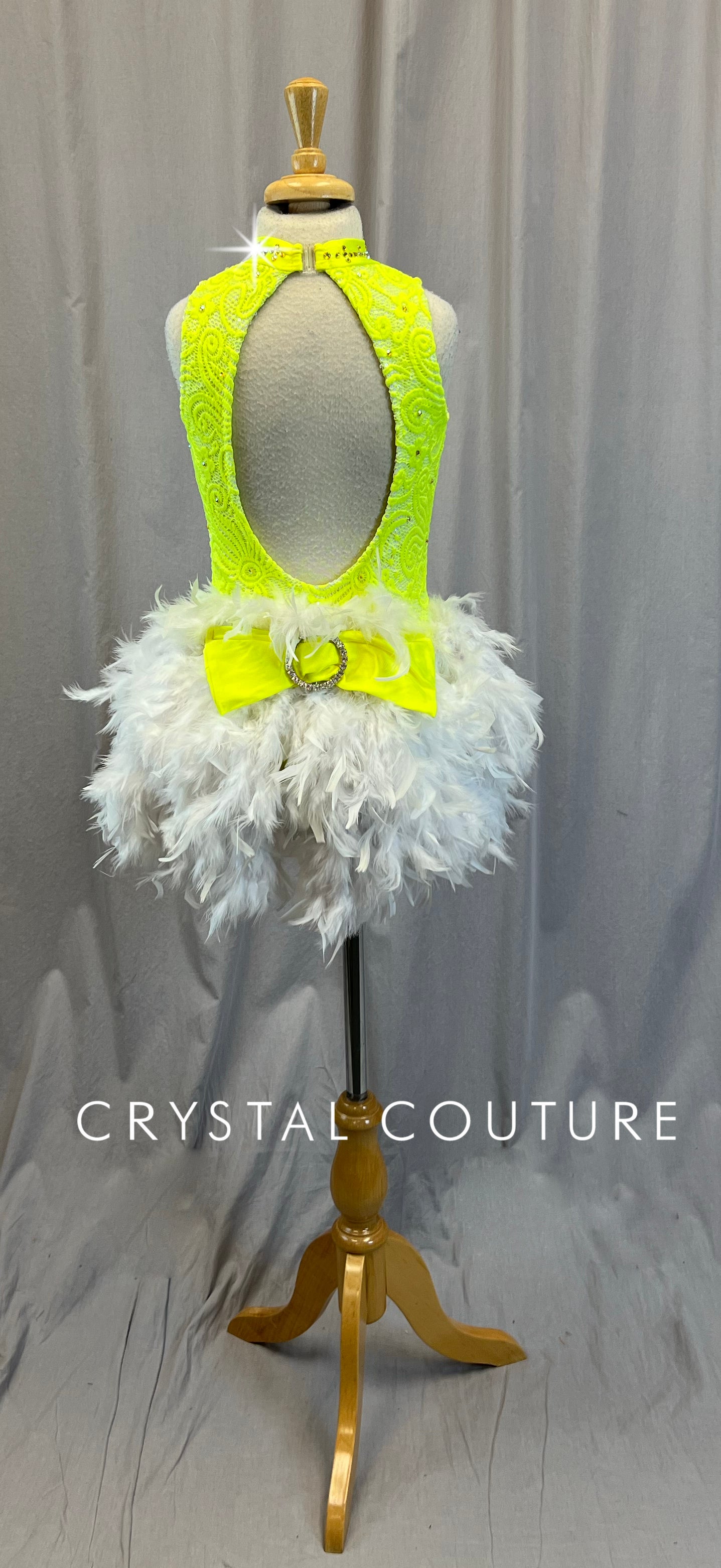 Yellow Leotard with White Feather Bustle - Rhinestones