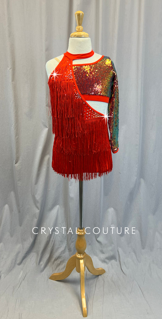 Red Fringe and Sequin Asymmetrical Two Piece Set - Rhinestones