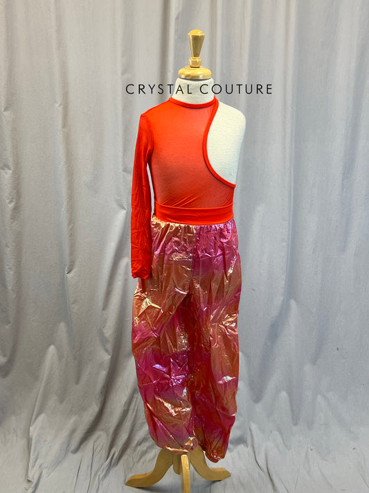 Red and Peach Parachute Pant Asymmetrical Unitard
