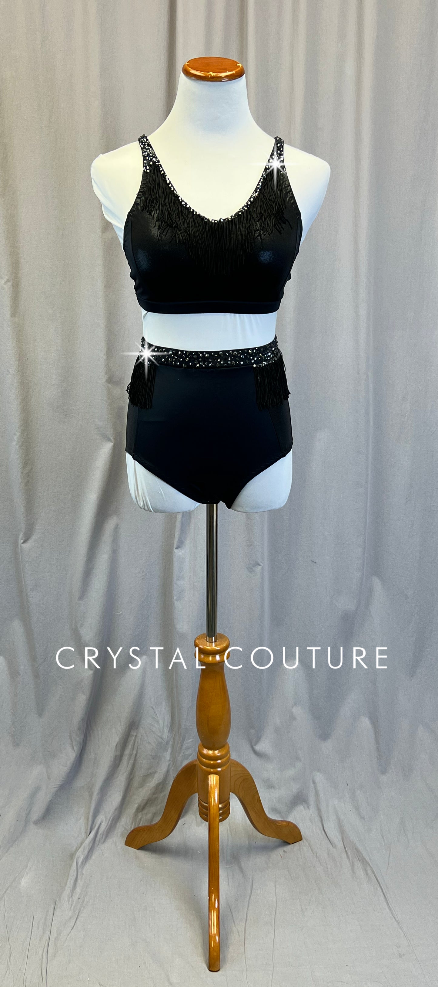 Custom Black Crop Top and Brief Two-Piece Set - Rhinestones