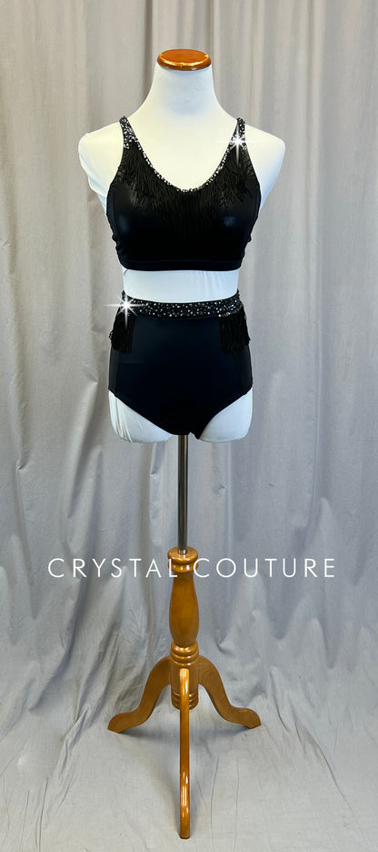 Custom Black Crop Top and Brief Two-Piece Set - Rhinestones