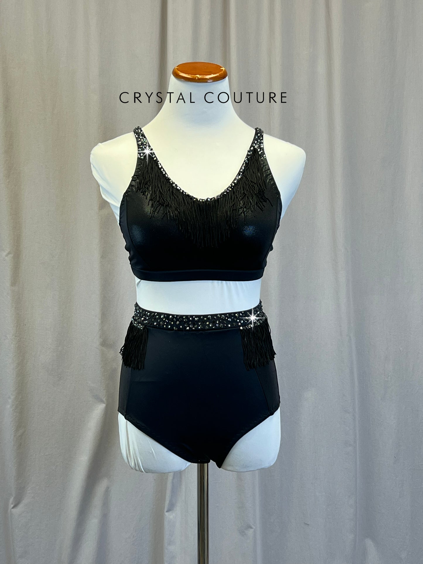Custom Black Crop Top and Brief Two-Piece Set - Rhinestones