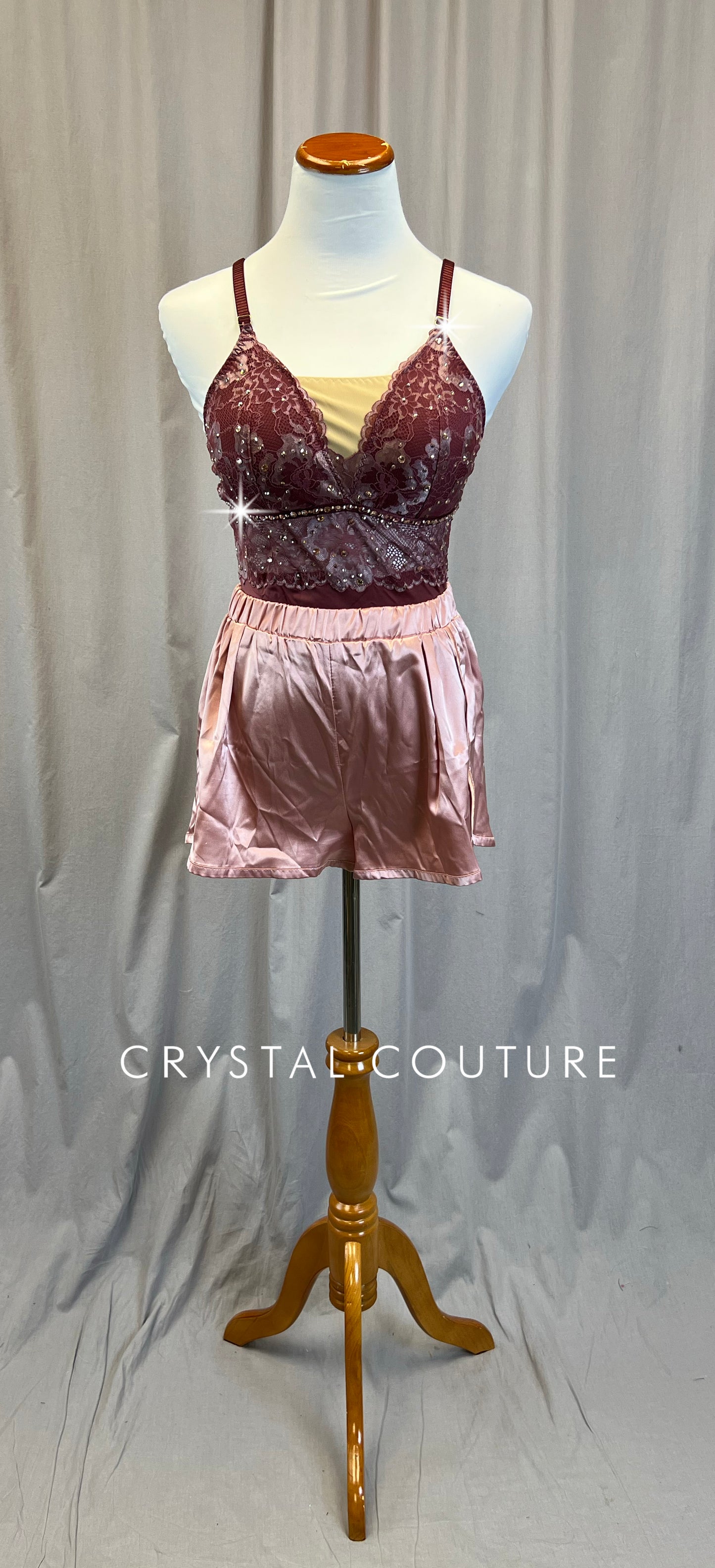 Custom Plum Lace Leotard with Satin Shorts Three-Piece Set