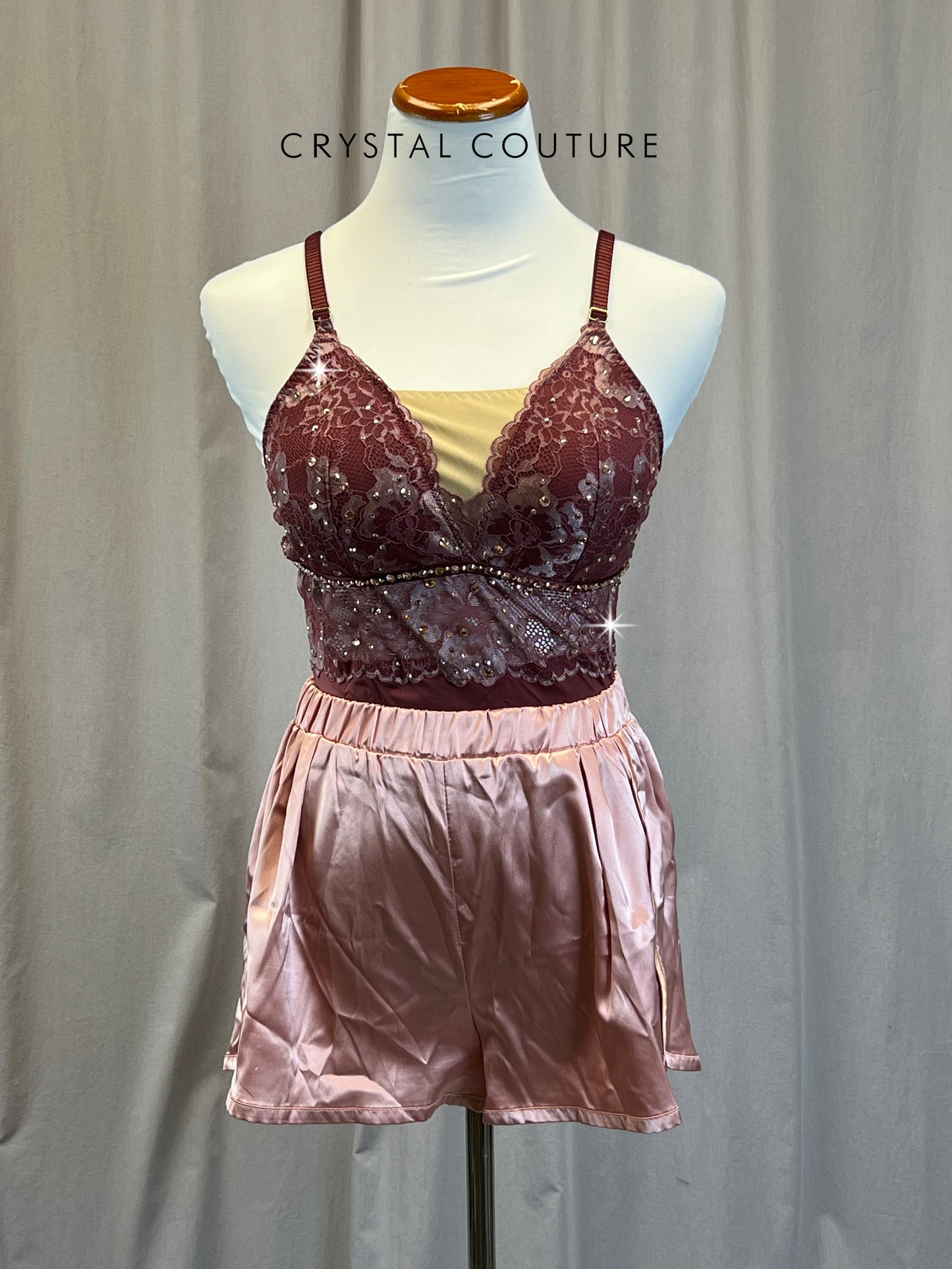 Custom Plum Lace Leotard with Satin Shorts Three-Piece Set