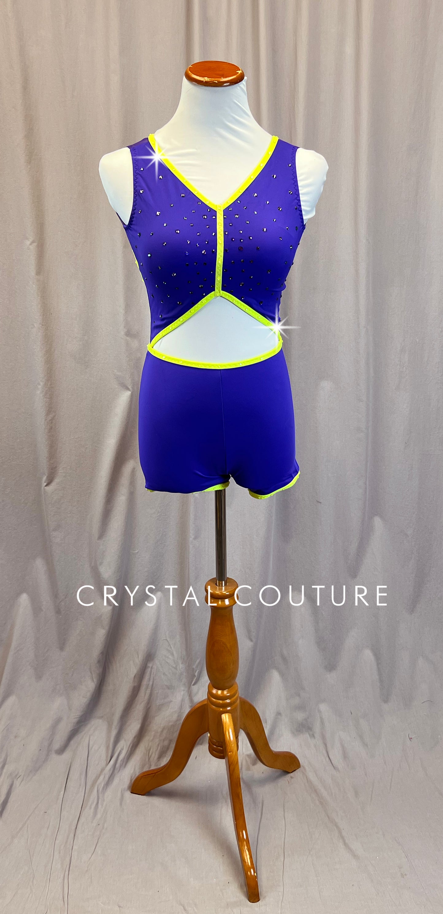 Custom Purple Biketard with Lime/Yellow Trim - Rhinestones
