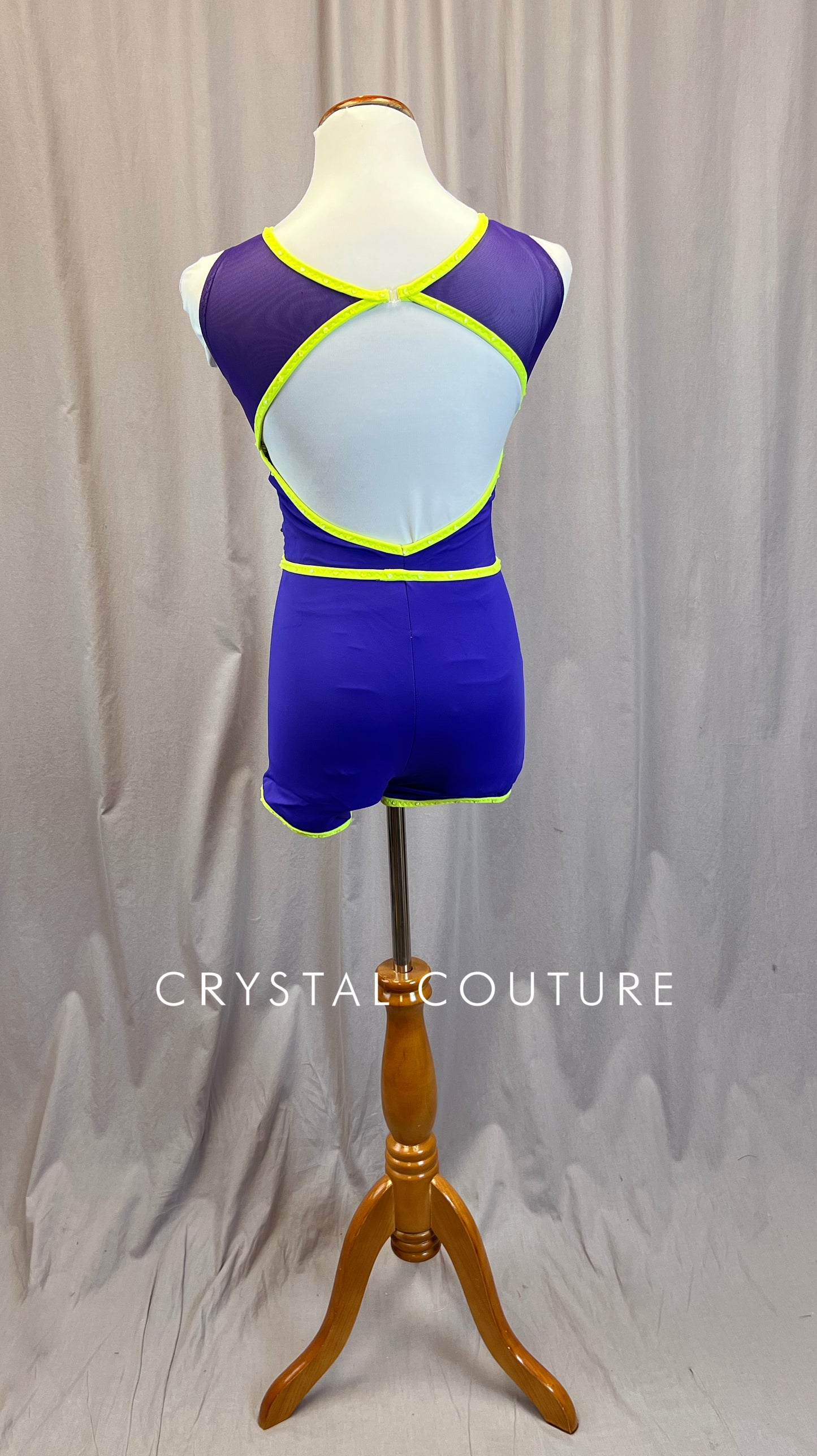 Custom Purple Biketard with Lime/Yellow Trim - Rhinestones