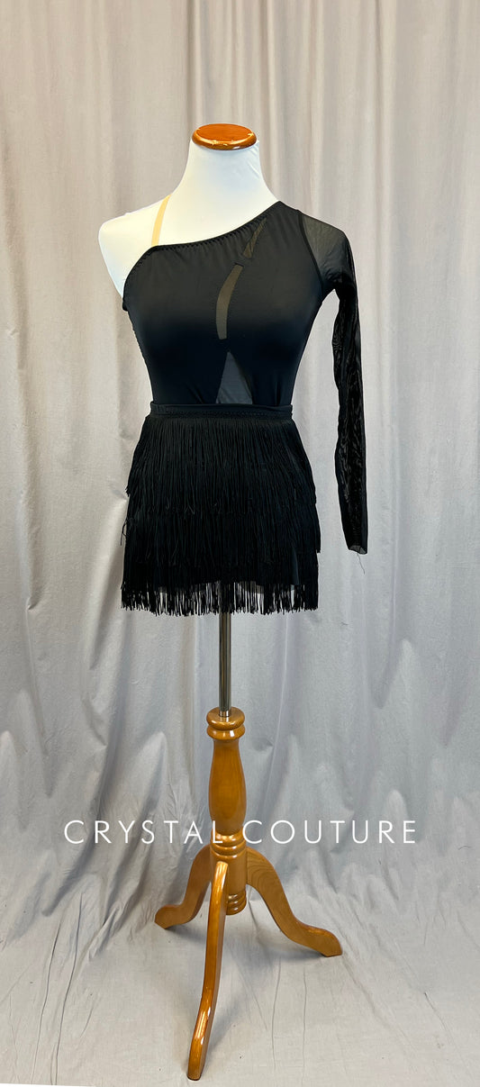 Custom Black One Sleeve Leotard with Geometric Mesh Cutouts, and Fringe Skirt Two Piece Set