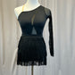 Custom Black One Sleeve Leotard with Geometric Mesh Cutouts, and Fringe Skirt Two Piece Set