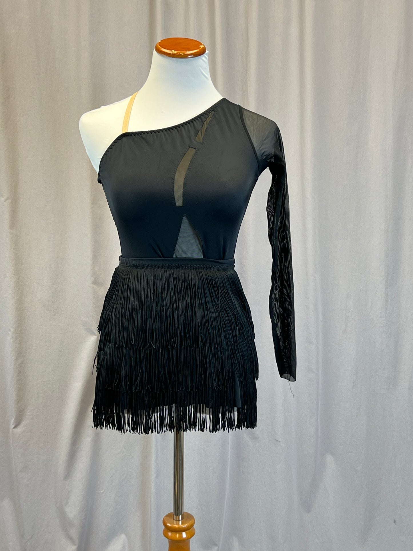 Custom Black One Sleeve Leotard with Geometric Mesh Cutouts, and Fringe Skirt Two Piece Set